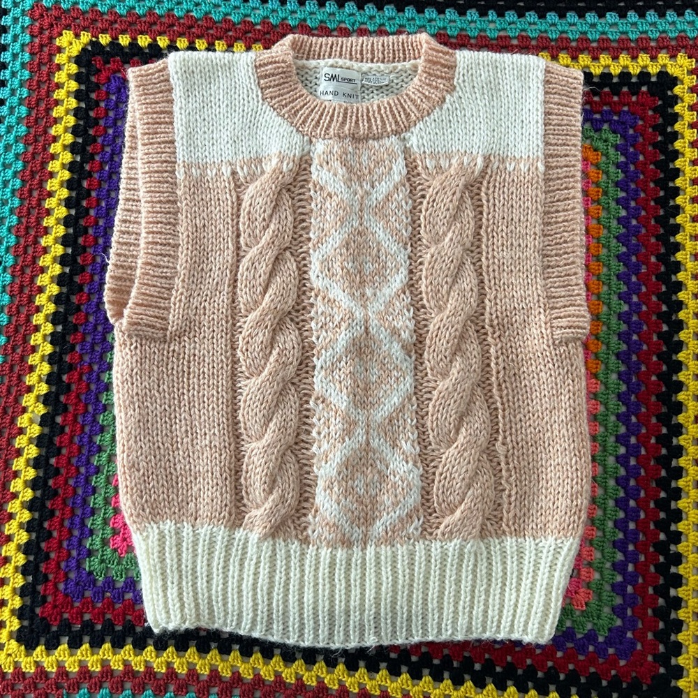 Vintage 90s Wool Blend Hand Knit Pastel Cable Sweater Vest Academia Prep…